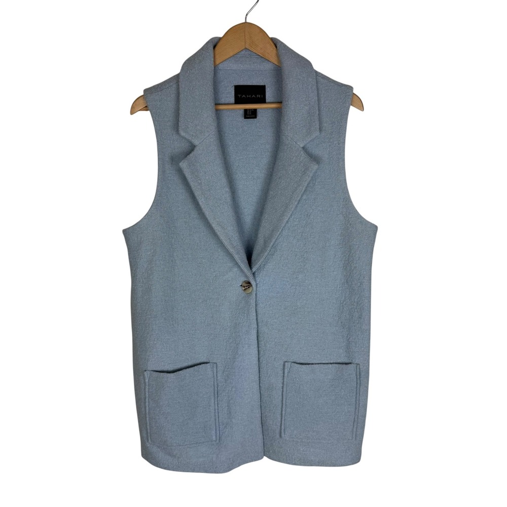 Tahari Womens XL Light Blue Wool Blend Longline Sleeveless Vest Notched Lapel